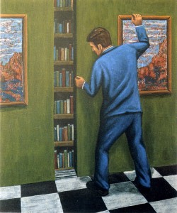 Biblioteca decalcomaníaca,  2003.  65 x 54 cm.  Óleo sobre lienzo.     