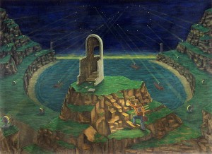 Los grandes reflectores buscan a Dios, 1998. Óleo sobre tela, 134 x 183 cm.