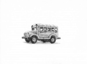 Autobús escolar, 2016. Grafito sobre papel. 18 X 24 cm.